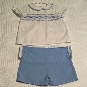 Blue and White Smocked Shirt and Shorts Set by Fantasia Kids